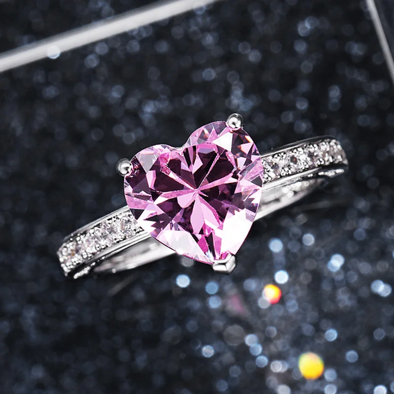 Huitan Luxury Solitaire Women Heart Engagement Rings AAA Pink Cubic Zirconia Proposal Rings For Girlfriend Fine Anniversary Gift