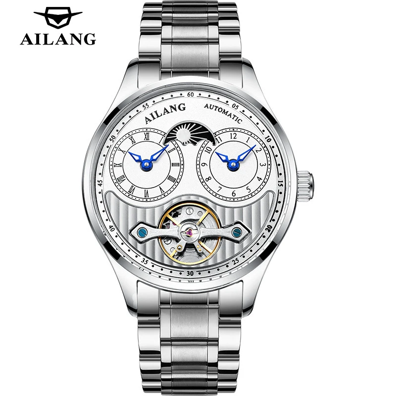 AILANG Original Tourbillon Mechanical Two Time Watches Men's Waterproof Watch Luxury Men Automatic Clock Stainless Steel Strap ideal knight tourbillon movement watches for men two location time display skeleton hollow waterproof men s watch blue earth