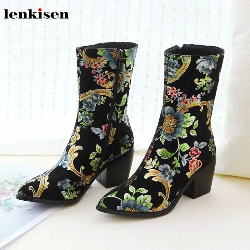

Lenkisen new Oriental Chinese style high heels pointed toe chunky nubuck print fashion winter keep warm women mid-calf boots L59