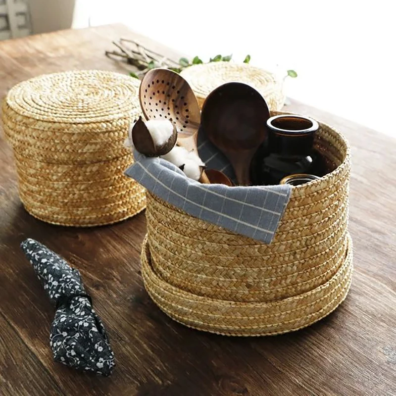 4 Size Handmade Straw Woven Storage Basket With Lid Desktop Box Snack Organizer Laundry Baskets Rattan Flower | Дом и сад