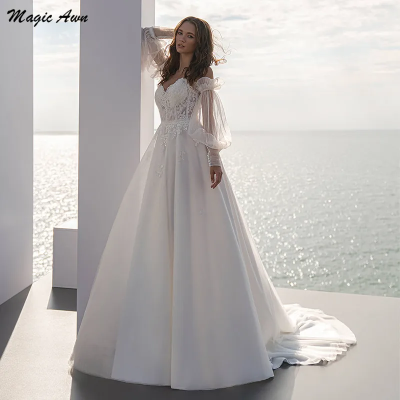 

Magic Awn Charming Boho Wedding Dresses 2021 Detachable Sleeves Lace Appliques Beach A-Line Wedding Party Dress Illusion Robes