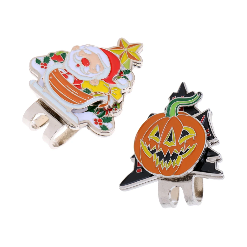 Halloween Pumpkin and Santa Claus Hat Clip with Removable Golf Ball Marker, Set of 2, Mini Size Lightweight Alloy