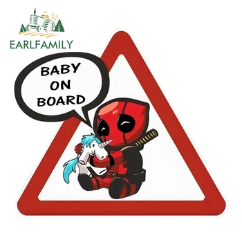 

EARLFAMILY 13cm x 11.7cm Baby On Board Car Stickers Super Hero Marvel Deadpool Car Styling For Window Bumper Warning Sign Decals