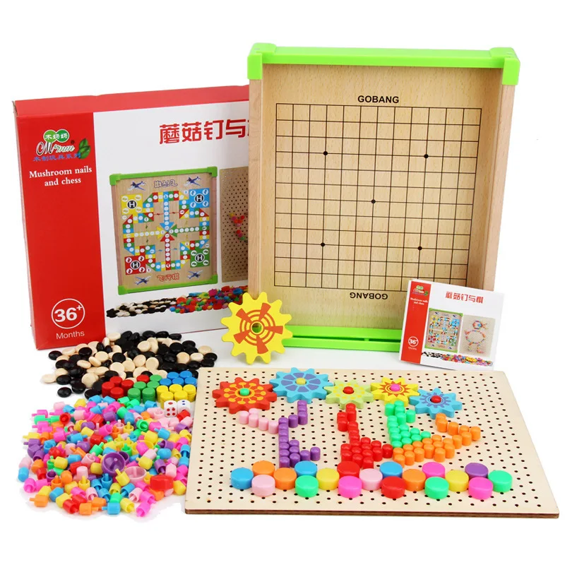 

Mushroom Nail Aeroplane Chess Five-in-a-row Three-in-One Gear Jigsaw Puzzle Flexible with Numbers Power Strip Children Wooden Ed