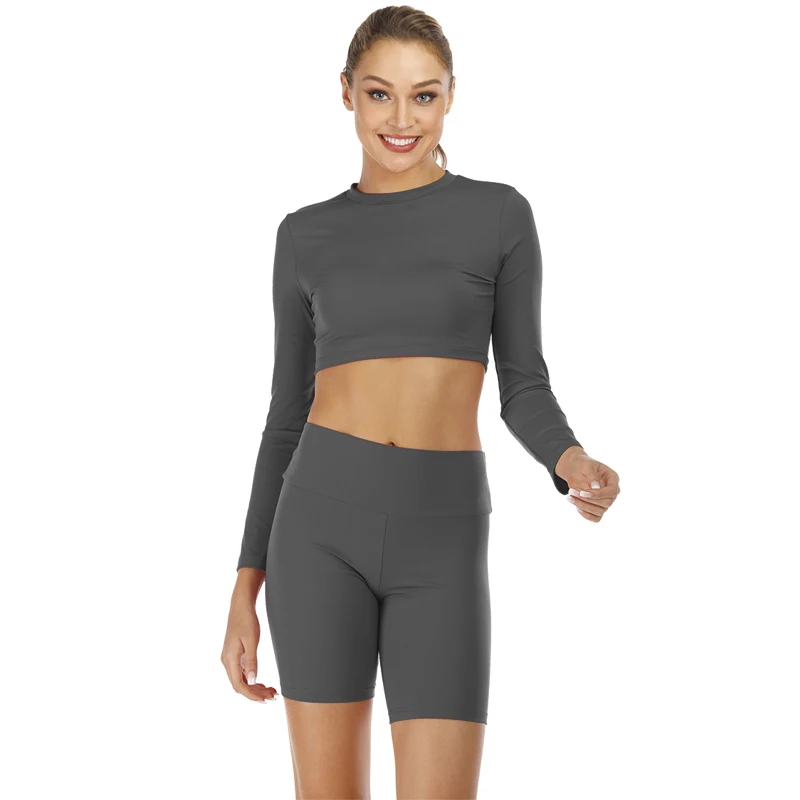 Grey Imlario Cropped Top 2 PCs Set Sports Outfits Women Gym Long Sleeve High Waist Fitness Shorts Nylon Stretchy Tracksuits Sportwear - Цвет: Grey