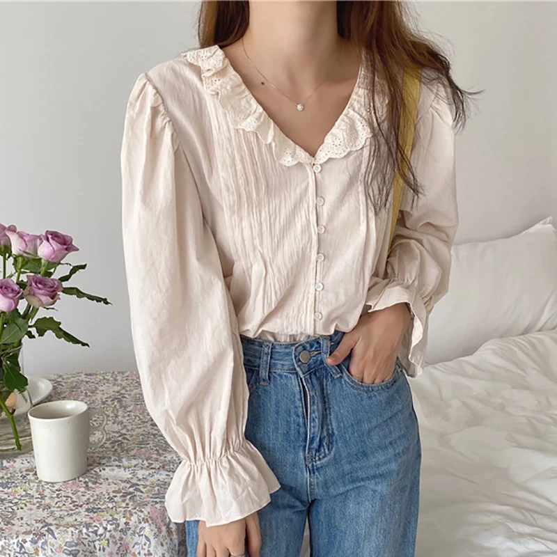 

Shintimes V-Neck Women Blouse Ruffles Button Blouses Woman 2020 Spring Autumn Casual Long Sleeve Ladies Tops Femme Blusas Mujer