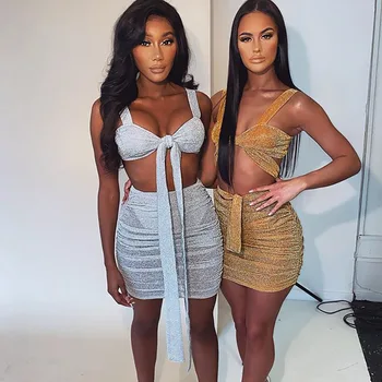 

Summer Sparkly 2 Piece Set Women Tank Top And Skirts Set Suit Sexy Beach Bandage Outfits Dress Lady Ruched Bow Party Dress Set