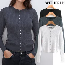 Увядшие английские Стильные Простые офисные женские элегантные ювелирные пуговицы однобортные однотонные вязаные кардиганы, женские свитера Топы