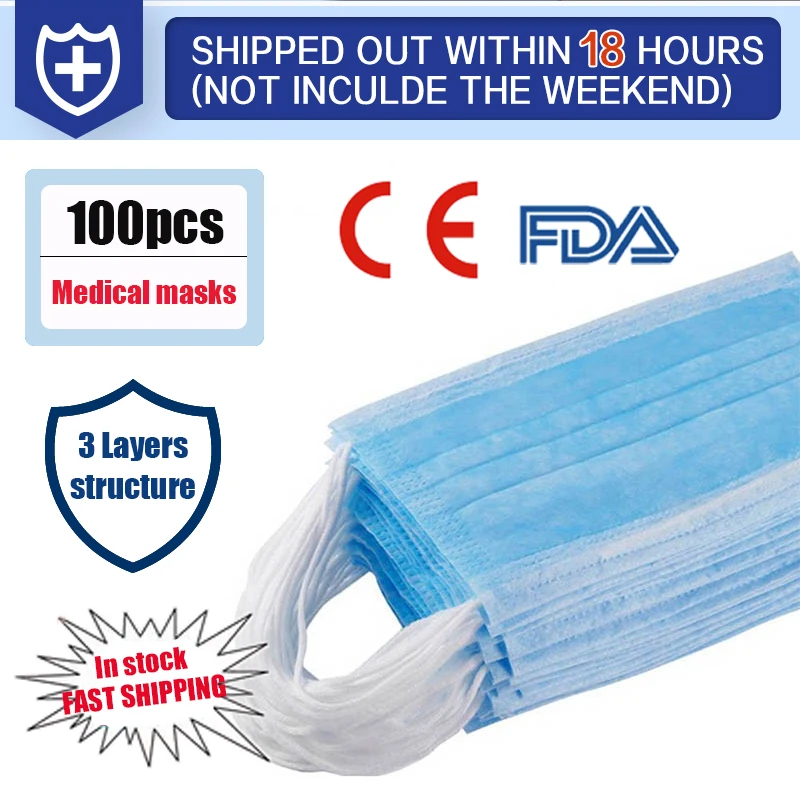 

100Pcs Medical Mask Disposable Dustproof Face Mouth Masks Anti 3-Ply PM2.5 Anti Influenza Breathing Safety Masks Anti-viral
