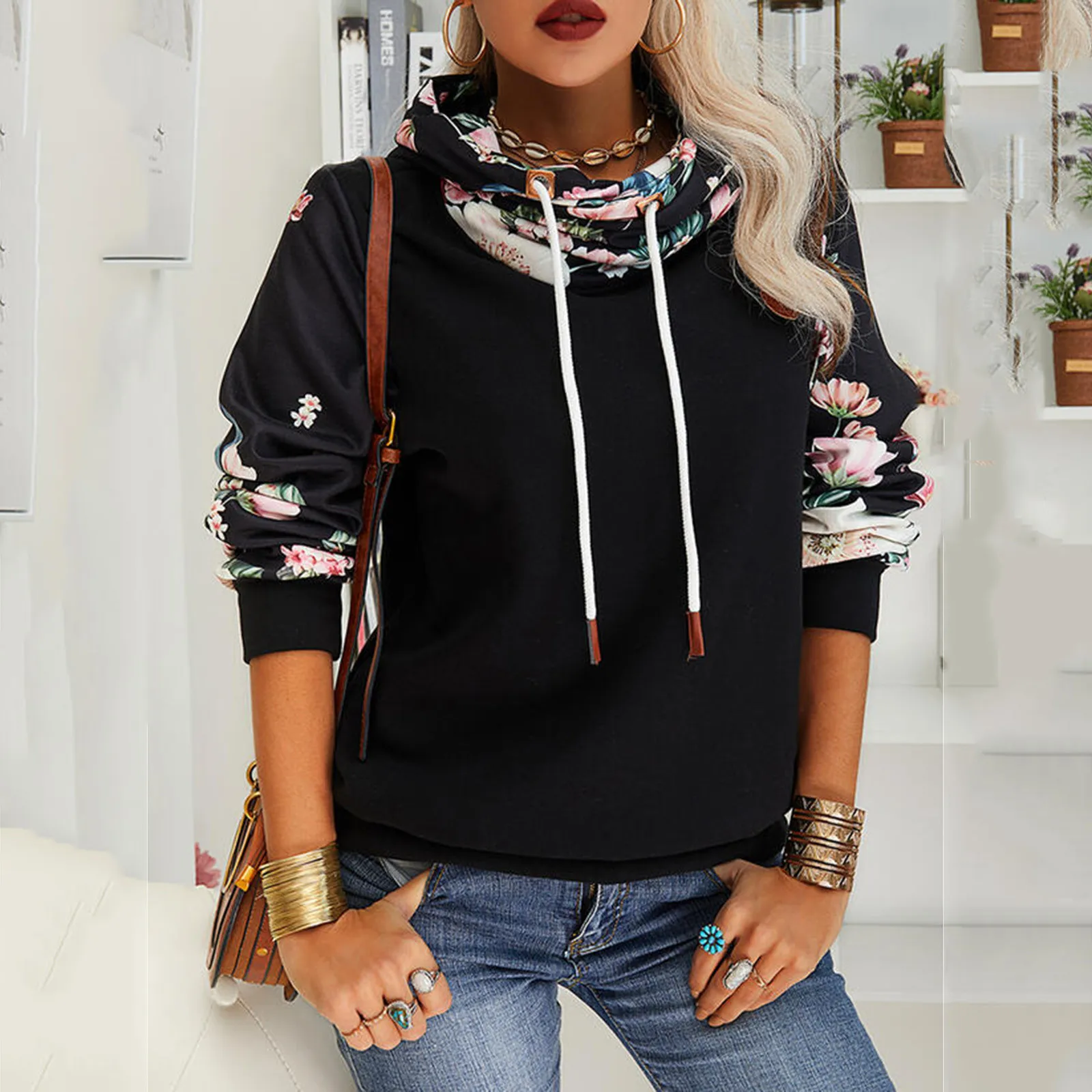 Hoodies Sweatshirt Women Sexy Color Bump Stripe Stitching Color Pocket Fall Winter Crop Workout Long Sleeve Cross Turtleneck Top 1