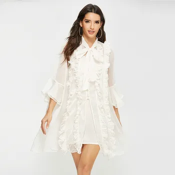 

AEL Krean Casual Sexy Chiffon Women's 2 Piece Set Dress Flare Sleeve Bowknot Perspective Ruffles Beach Dress Holiday Summer 2020
