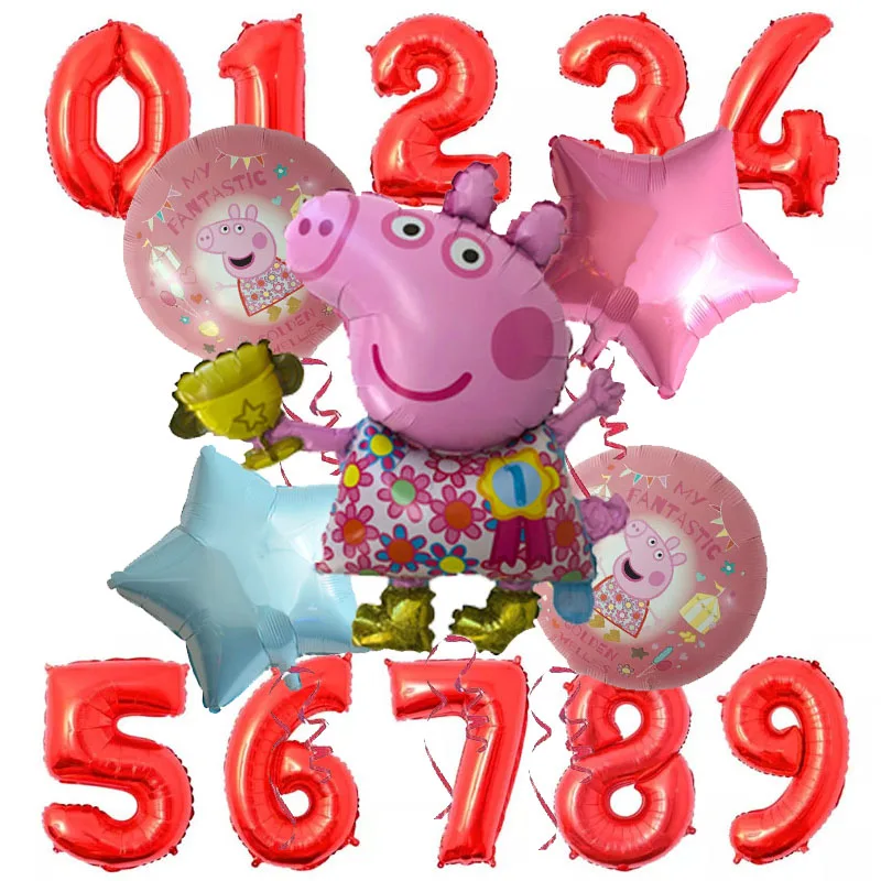 6pcs Cartoon Peppa Pig Foil Balloons 32inch red 0-9 Baby Boy Girl Helium Globos Happy Birthday Party Room Decorations Kids Toys - Цвет: Светло-зеленый