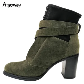 

Aiyoway Fashion Winter Women Ankle Boots Round Toe High Heel Block Buckle Zipper Autumn Casual Booties Army Green 2019