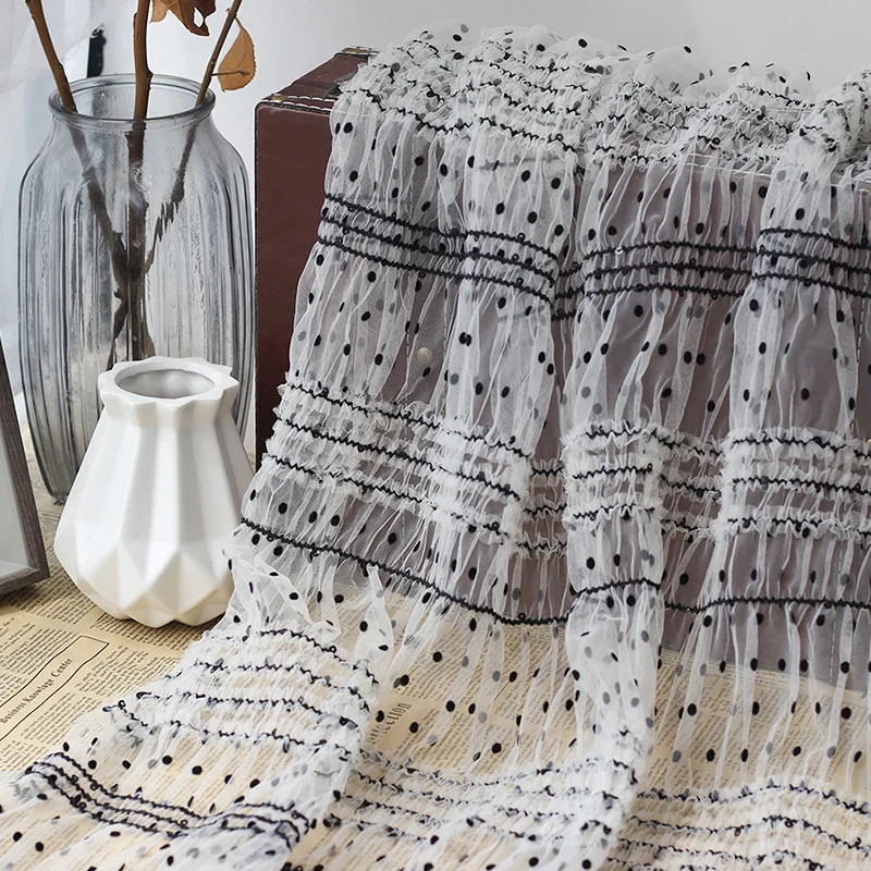 Mesh polka dot flocking embroidery sequins wrinkled tulle fabric retro style DIY women's shirt dress fabric lotus leaf lace