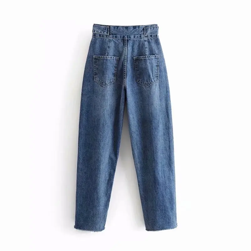 Синие джинсы для мамы, брюки с высокой талией, уличная одежда, женские повседневные свободные джинсовые брюки, модные однобортные джинсовые штаны с кисточками