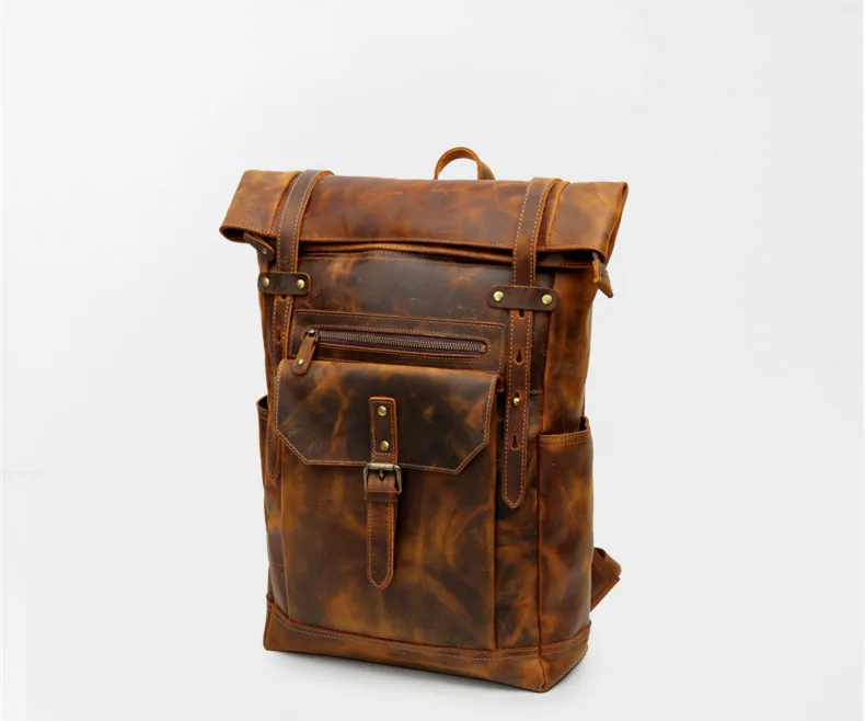 Incline View of Woosir Leather Roll Top Backpack with Pockets