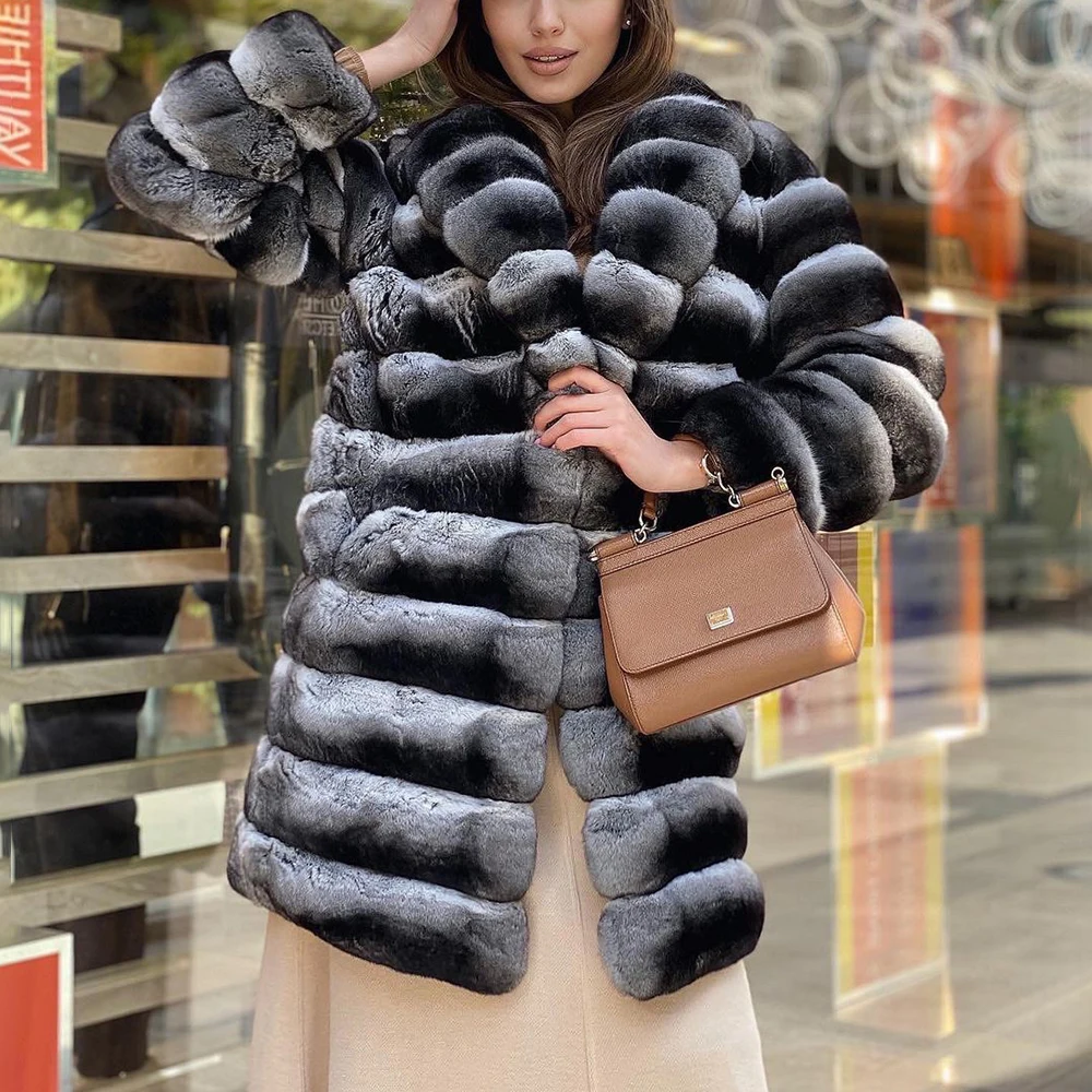 Rex Rabbit Fur Coat in Chinchilla Print 