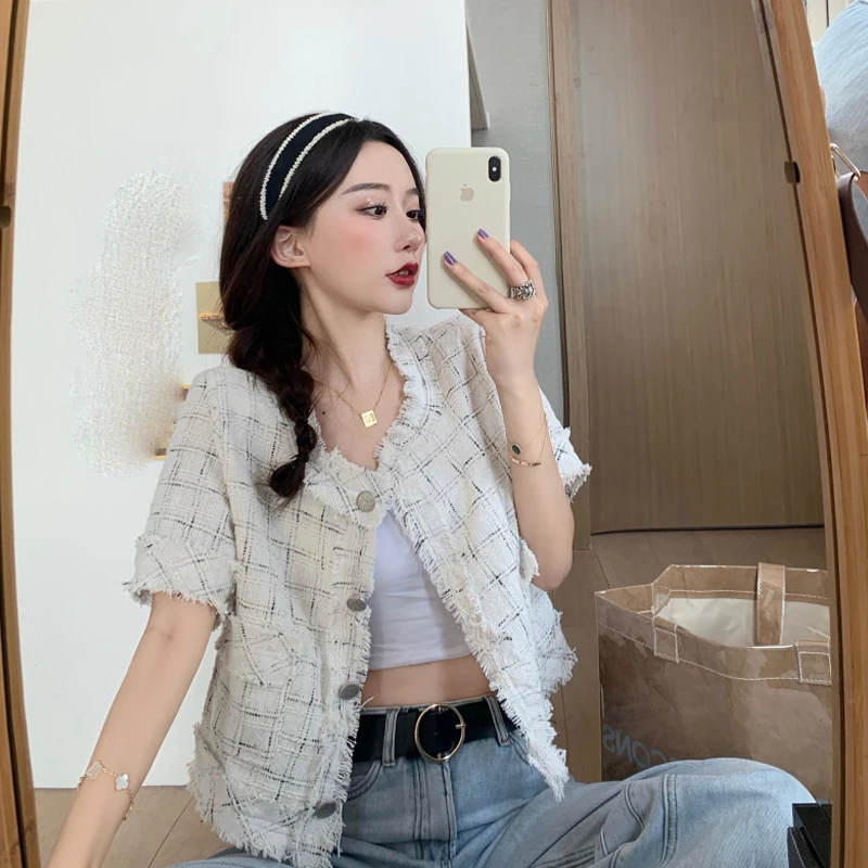 

2020 Cropped Campera Korean Plaid Jackets Black Short Sleeve Chaquetas Summer Vintage Corta Vento Feminina Coat Vetement Fashion
