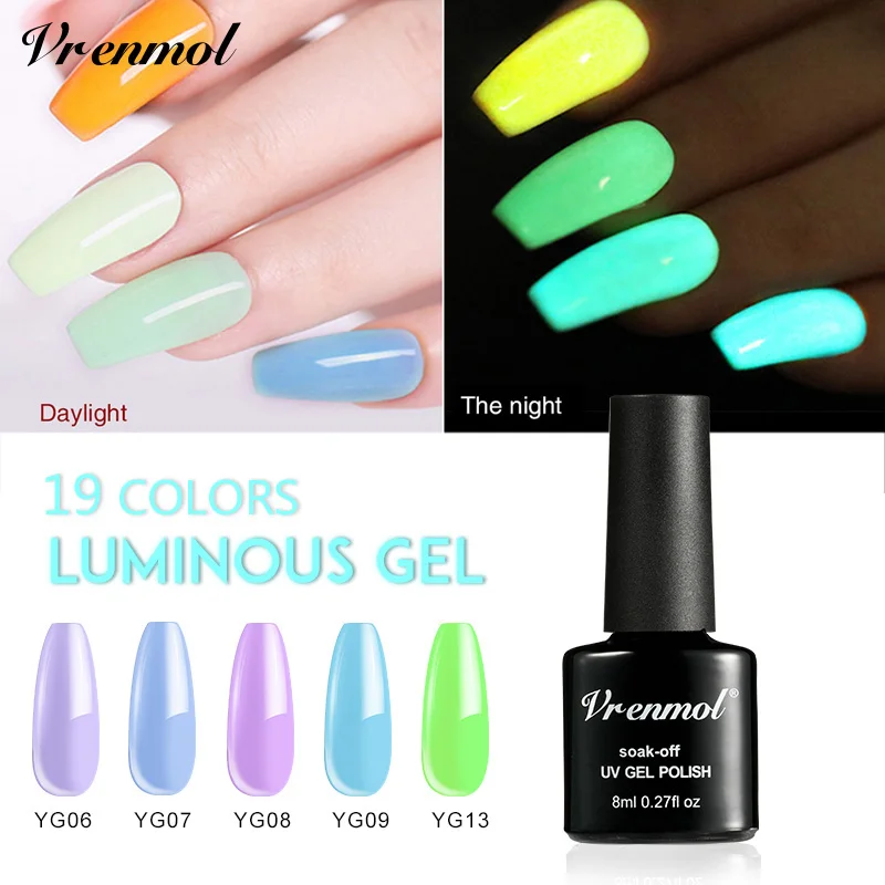 

Vrenmol 1pcs Fluorescent Luminous Gel Nail Polish Soak Off UV Gel Night Glow In Dark Gloss Gel Lak Gelpolish Need Base Top Coat