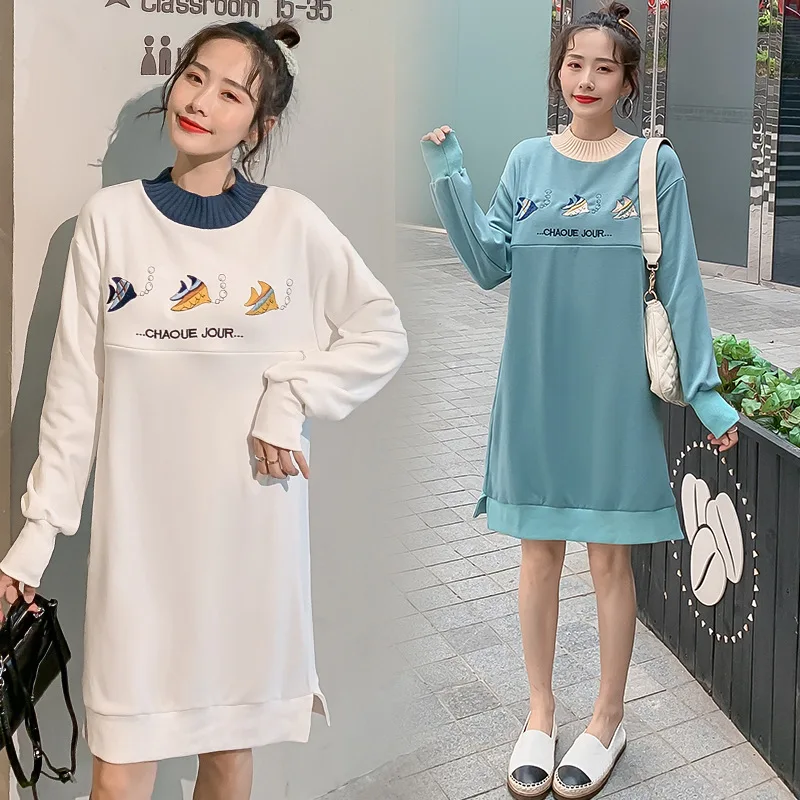 

2019 Autumn And Winter Maternity Clothes Brushed And Thick Embroidered Little Fish Hoodie Nursing Nursing Dress