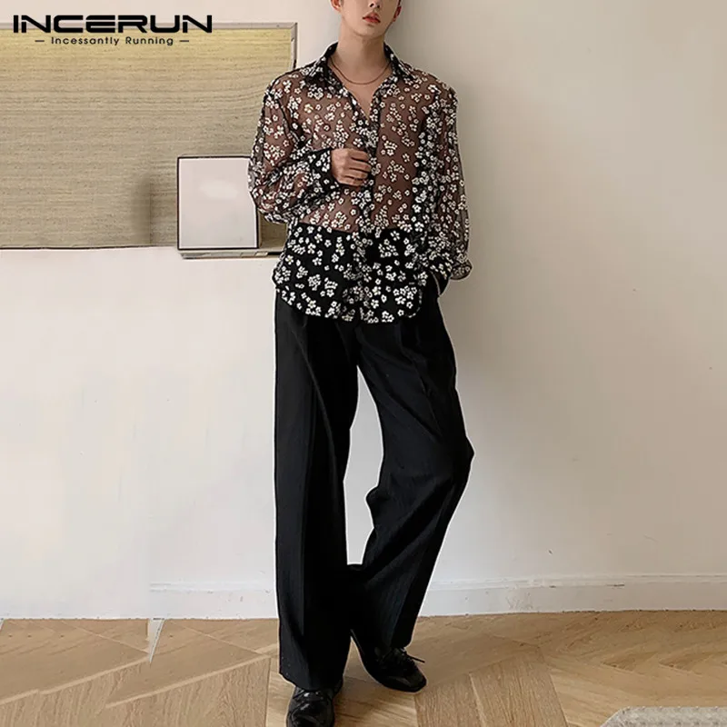Fashion Men Long Sleeve Mesh Shirts Turn Down Collar Casual Printing Shirt Man See Through Loose Blouse Party long sleeve shirt men casual shirt