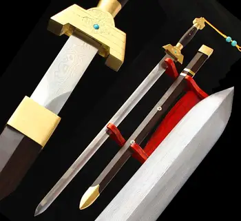 

High Quality Chinese KungFu Jian Sword Katana Sharp Damascus Steel Blade Ebony Sheath Carved Brass Fittings