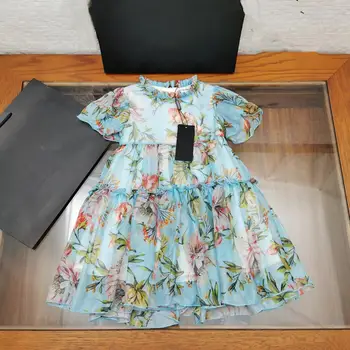 

2020 New Fashion Girls Dress Flower Printed Blue Girls Dress Brand Boutique Toddler Girls Clothing Summer Pretticoat Outwear