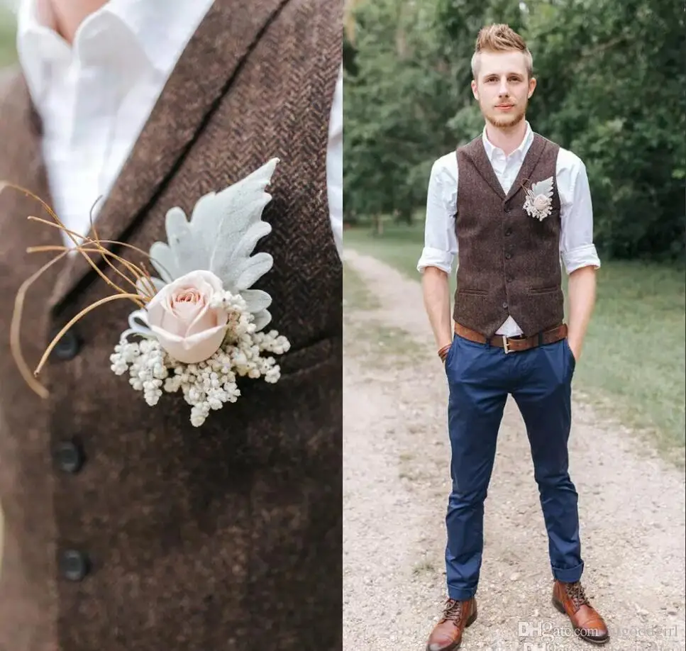 

2019 Groom Vests Brown Tweed Wool Herringbone Groom Vests British Style Mens Suit Vests Slim Fit Mens Dress Vest Custom Wedding