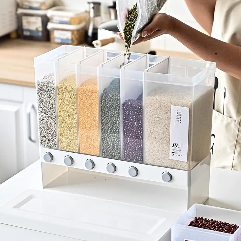

10L Multigrain Storage Box Divided Grid Rice Barrel Wall-mounted Push-type Bean Sealed Storage Tank Kitchen Tool
