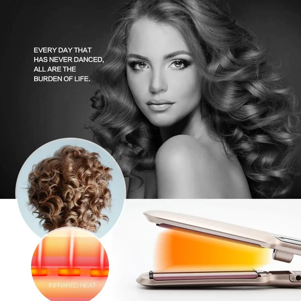 

Gold Salon Hair Straightener Professional Ceramic 2 Inch Hair Flat Iron Wide Plate Negative Ion Infrared Straight 30s Heat-up