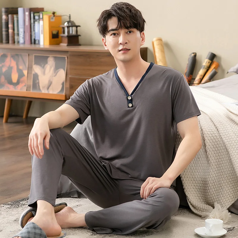 Men's Modal Cotton Pajamas Set Summer Short-Sleeve Tops + Long Pants Nightwear Home Wear Suits Simple Fashion Sleepwear For Men pajamas set man pajamas set
