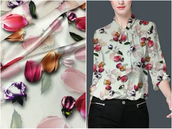 

New Natural Silk Spandex Stretch Satin Fabric Tulip Rose Flower Printed Mulberry Silk Dress Cheongsam Cloth