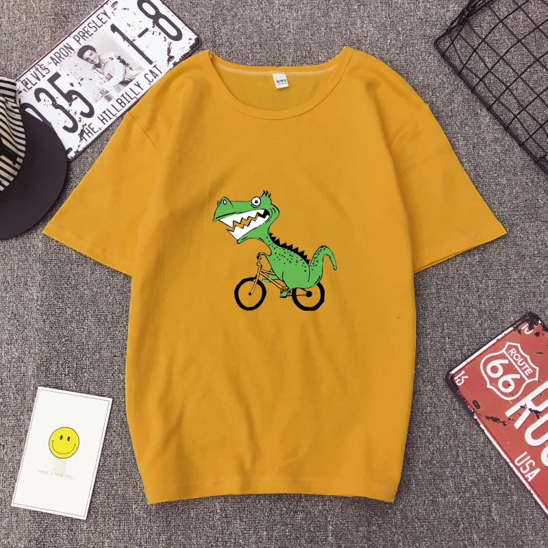 

2019 New Summer Korean Women T shirts Cute Dinosaur Cycling Pattern Print Loose T-shirt Female tops white plus size XXL-3XL