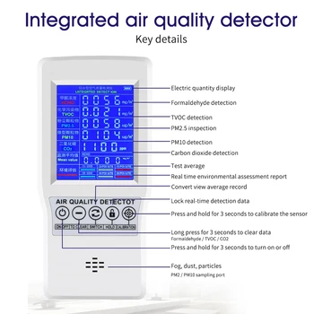 

Testing Air Quality Monitor PM2.5 PM10 CO2 Rechargeable Formaldehyde Accurate AQI Detector LCD Display Professional Home Office