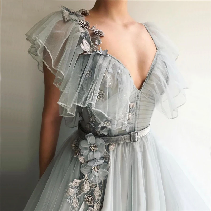Latest Design Grey V-Neck Sexy Evening Dresses 2020 Sleeveless A-Line Handmade Flowers Formal Dress (4)