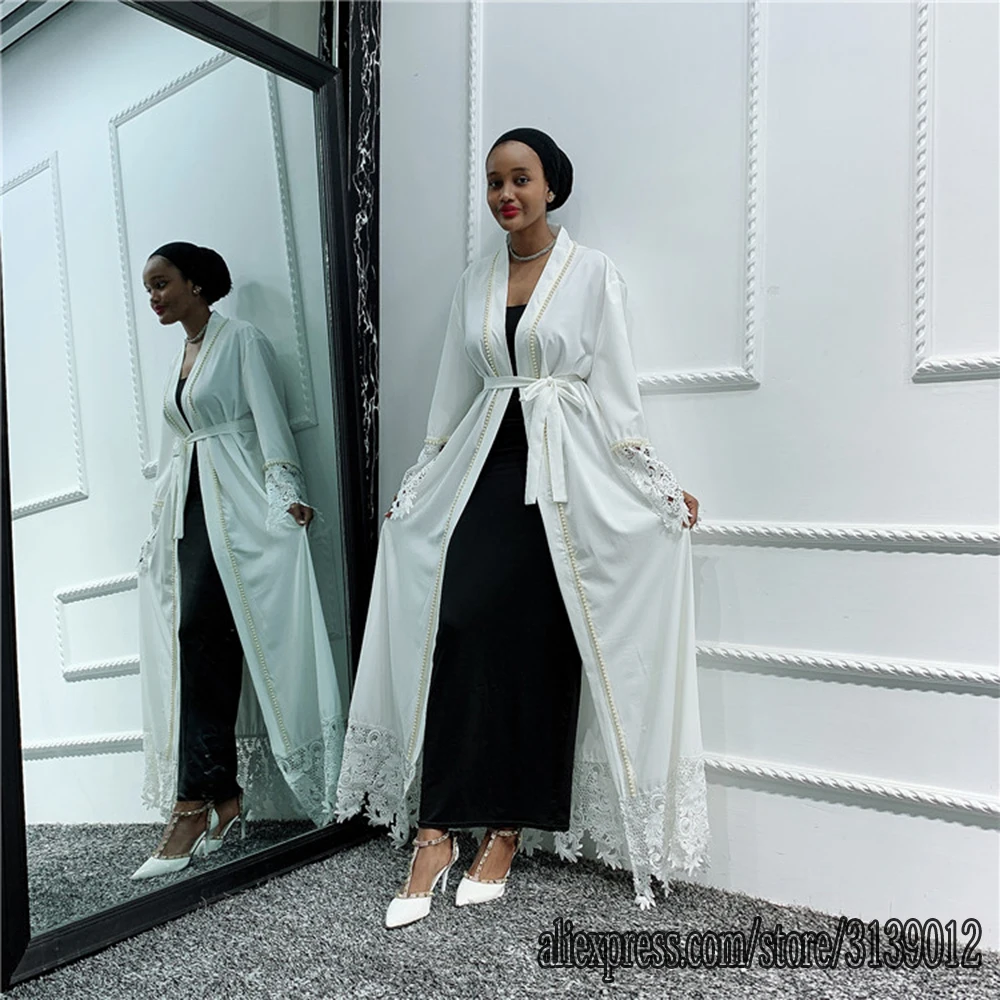 Mulheres branco abaya kimono kaftan dubai vestido