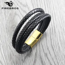 FIREBROS, новинка, золотой, серебряный, черный, нержавеющая сталь, магнитная застежка, многослойный Плетеный браслет из натуральной кожи, мужские ювелирные изделия, подарок