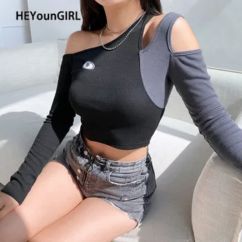 

HEYounGIRL Irregular One Shoulder Off Cropped T-shirt Patchwork Long Sleeve Cotton Tshirt Women Harajuku Fashion T Shirt Ladies