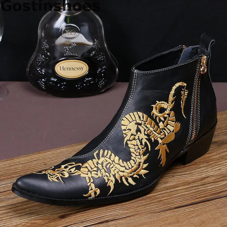 

Spring Autumn Men Boots Black Genuine Leather Printed Side Zipper Pointed Toe Men Short Ankle Boots Low Heel Rubber Outsole Boot
