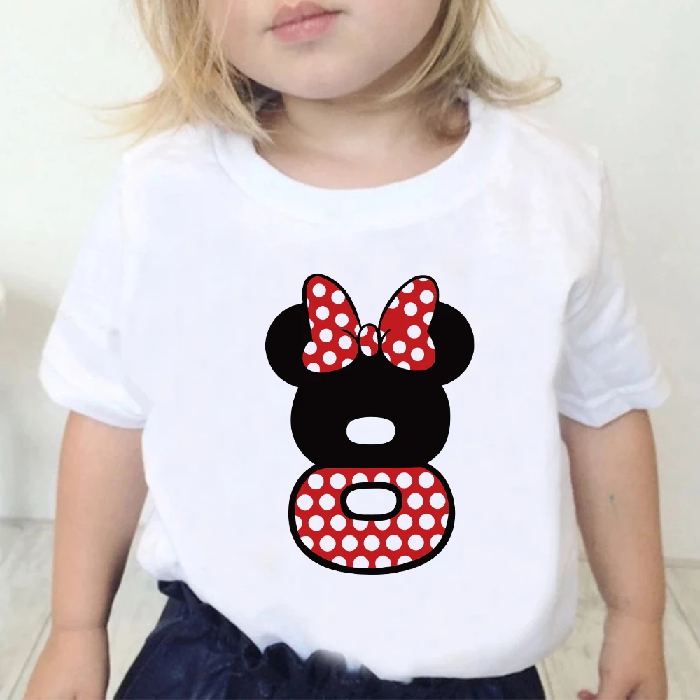 Disney Birthday Party Cartoon T Shirt for Girls Children Tshirt Number 0 1 2 3 4 5 6 7 8 9 Minnie Mouse Bow Graphic Kids Clothes 4