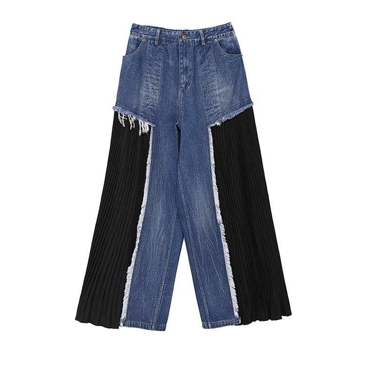 Новинка, женские осенние длинные джинсовые Лоскутные штаны, рваные дизайнерские женские стильные праздничные повседневные широкие гофрированные штаны 5435