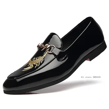 

37~48 Large Size Men Metallic Loafer Embroidery Scorpion Slip On Dress Loafers Luxury Brand Mens Formal Wedding Leather Shoes