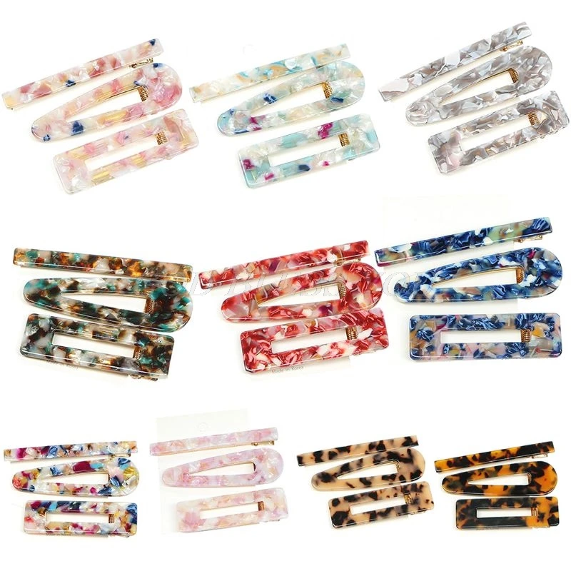 

3Pcs/Set Geometric Acetate Duckbill Hair Clips Women Girls Boho Colored Marble Texture Print Hairgrip Casual Side Bangs Barrette
