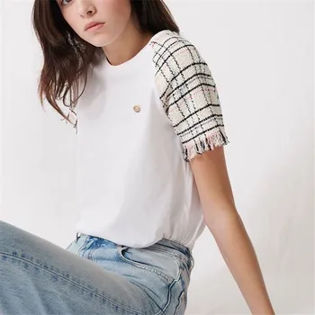 

French M family 2020 spring summer tweed splicing short sleeve tees tshirt casual round neck pullover T-shirt women top