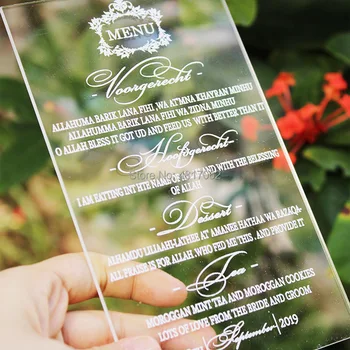 

Acrylic Menu, Clear Perspex Wedding Menu, DL Menu, Wedding Table Menu, Engraved Menu, Standing Menu,