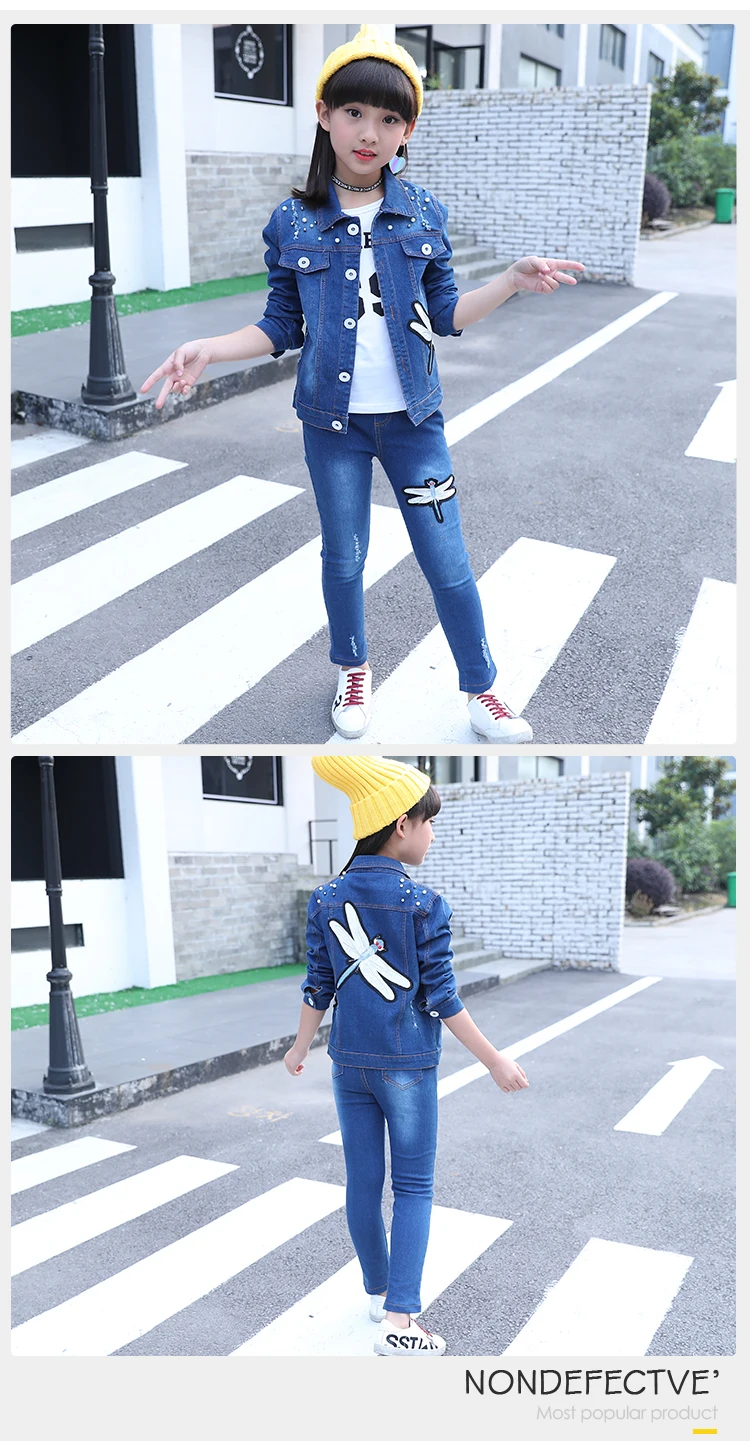 3 Pieces Boutique Girls Outfits Set Kids Clothes Clothing Long Sleeves Girl Sequins Dragonfly Denim Jacket Jeans Outfits
