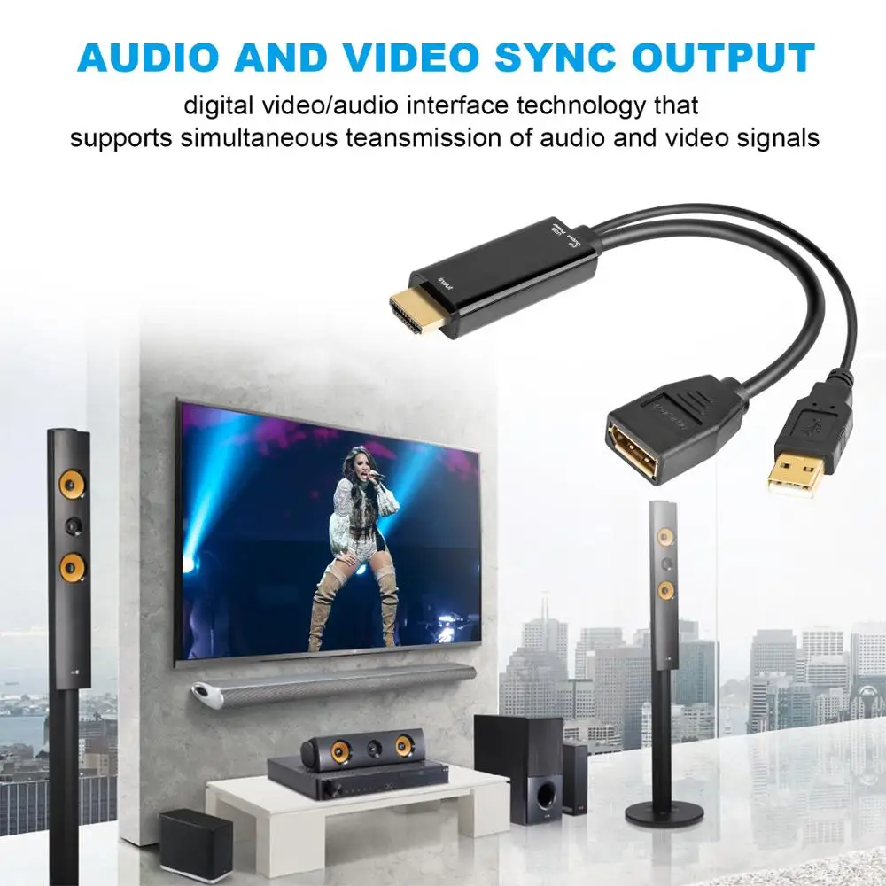 Адаптер HDMI Male Extensions 3840x2160 UHD 4K к DisplayPort Female кабель 15 см с USB 2 0 питанием для PC DP
