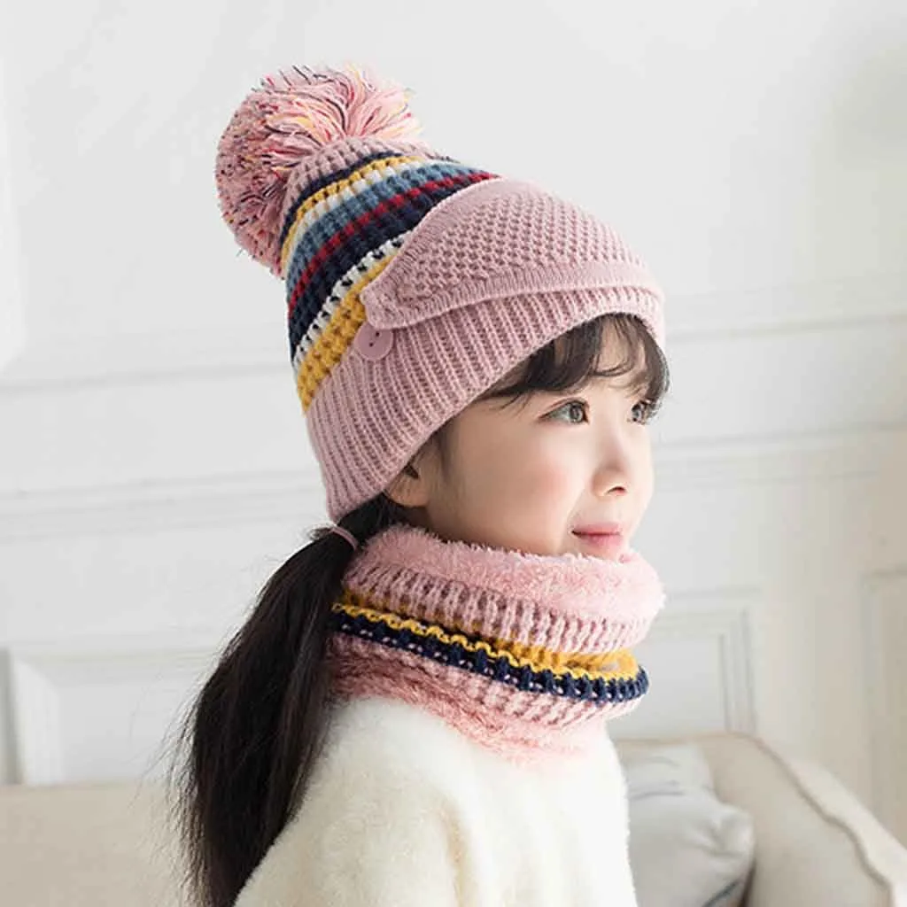 Плюшевая шапочка, детская шапка, подходящая по цвету, вязаные толстые шапки, унисекс, зимний шарф, комплект из двух предметов, наружная теплая шляпа sjaal muts kind
