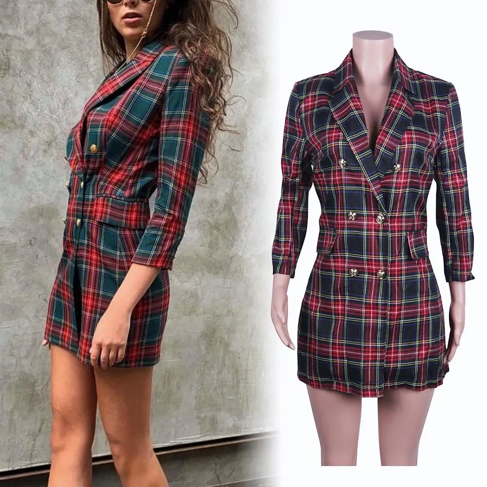 

Fashion Women Plaid Print Casual Lapel Button Long Sleeve Slim Short Suit Dress Women's Clothing ropa de mujer Slims Fit Vestido
