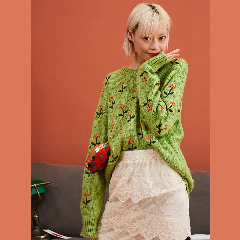 

SAM'S TREE Green Mohair Floral Embroidery Knitted Pullovers Women Sweaters 2019 Winter White Korean Style Downy Loose Female Top